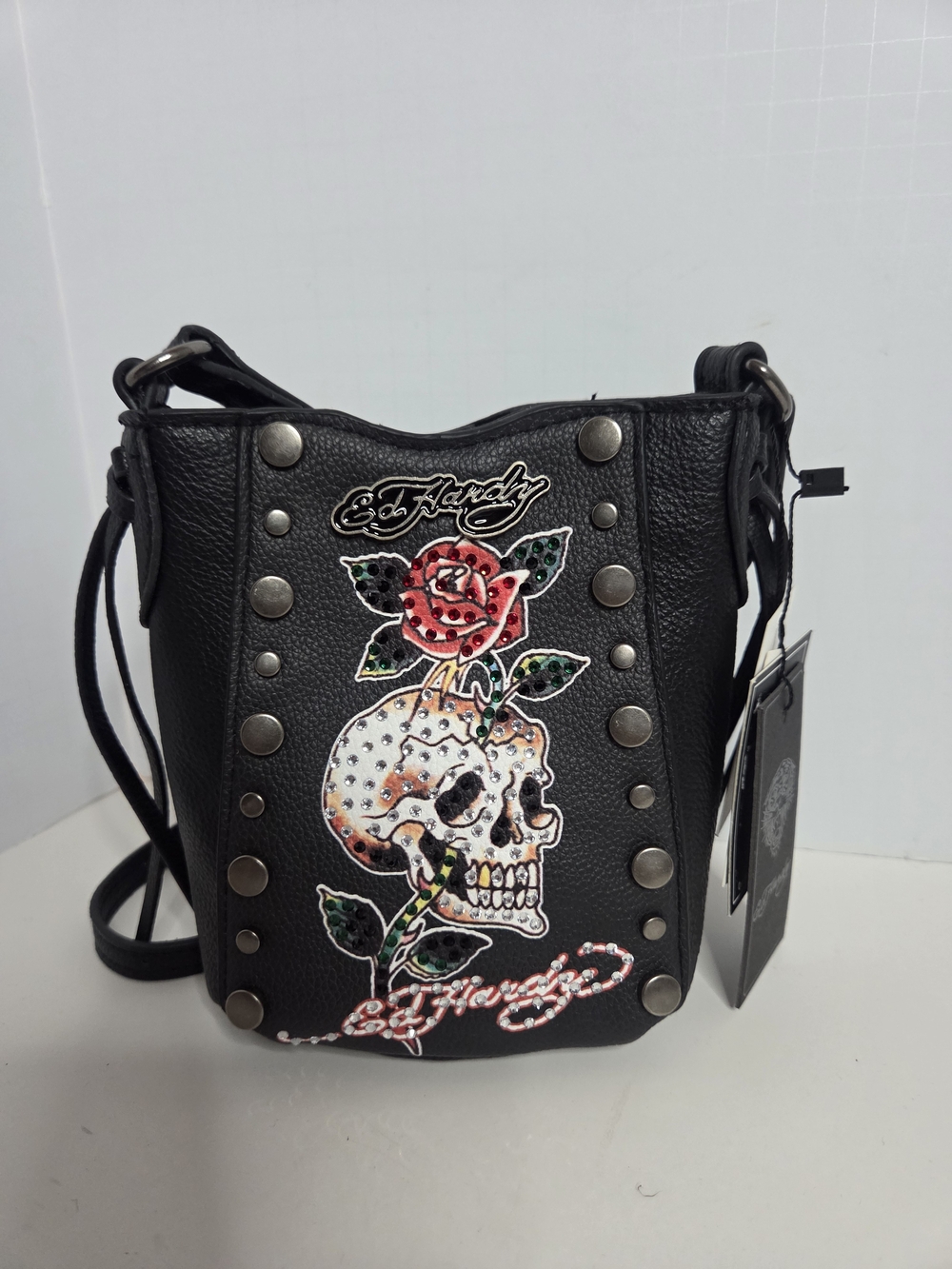 Ed Hardy Black Crossbody Bag with Rose & Skull Embroidery